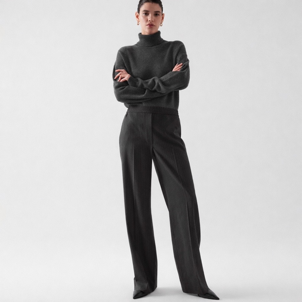 COS Dark Gray Pinstripe Wool Straight-Leg Trousers | Elastic Waist | 2 | NWT